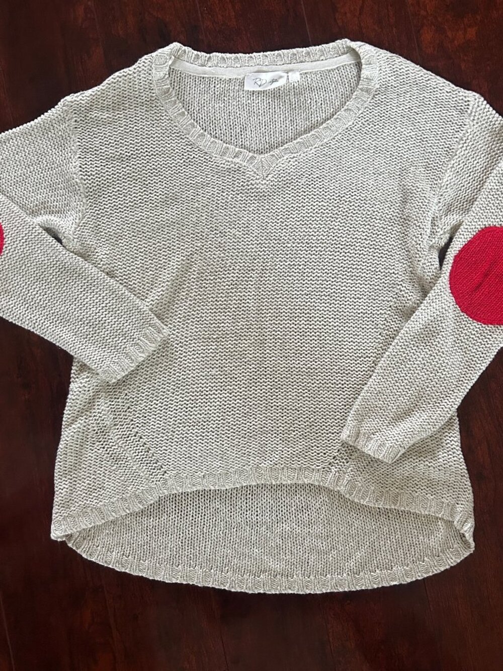 RD Style Beige Loose Knit Pullover Sweater Red Elbow Patches Women’s M